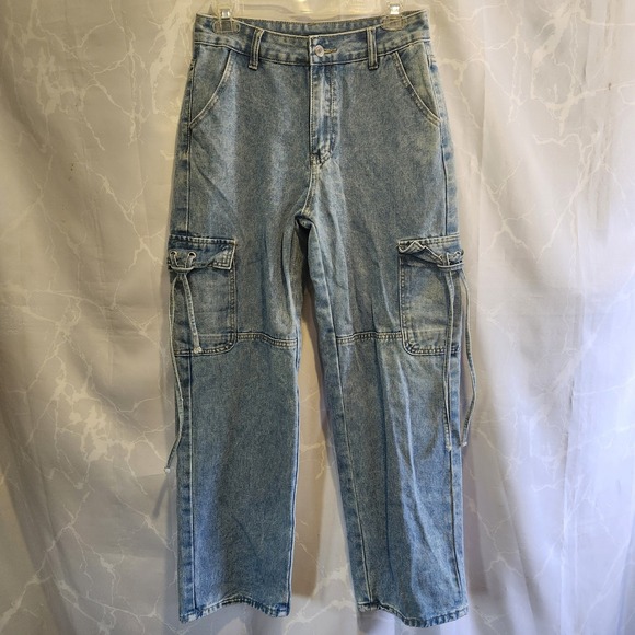 Shein‎ Jeans Cargo Women's 27 Blue Light Wash High Waist Straight Leg 5-Pocket - Picture 1 of 8